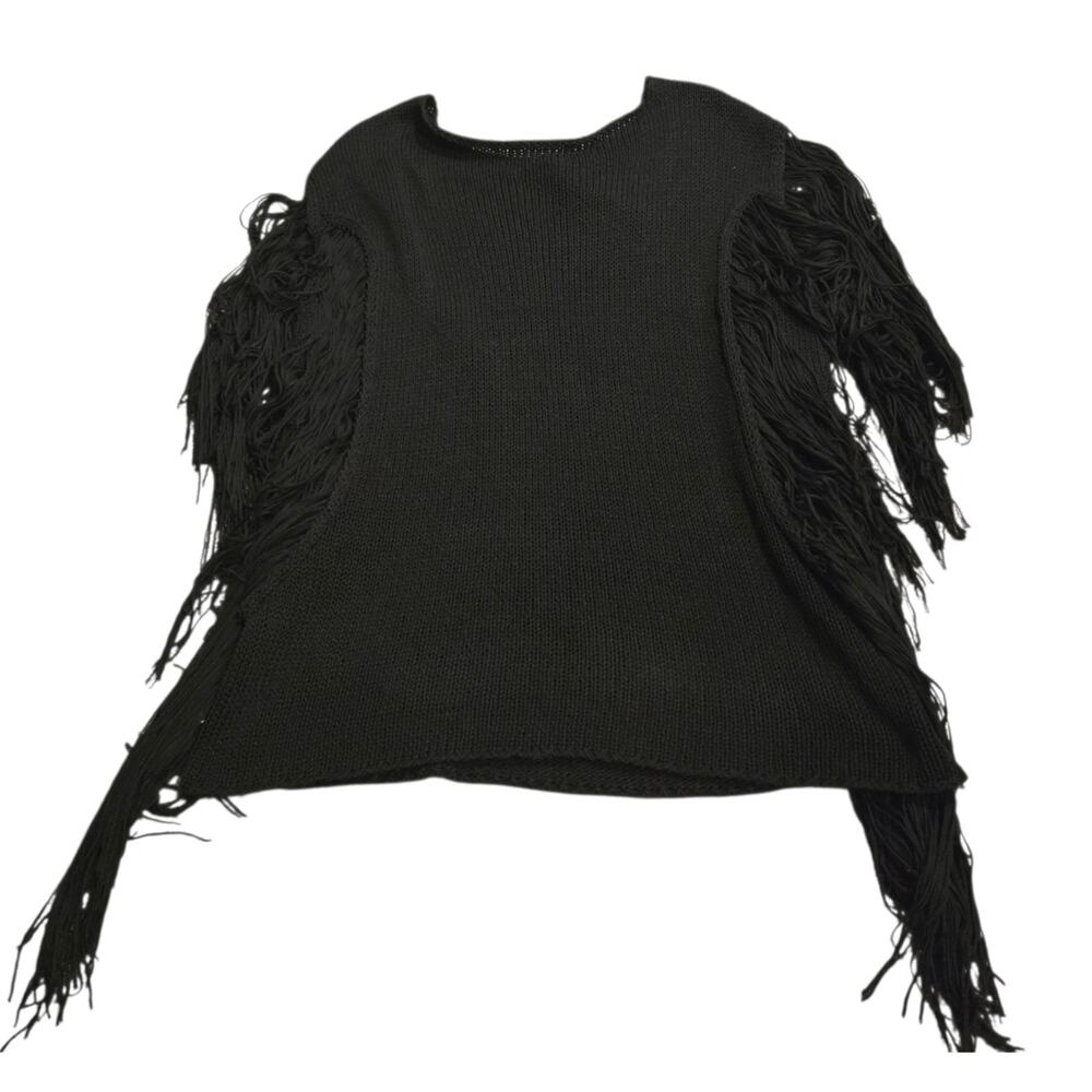 Indah Womens Black Boho Fringe Tunic Top Sweater S/M Beach Cover-up Loose Knit - Picture 3 of 7